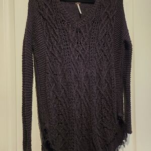 Free People black V-Neck Sweater with bottom fringe